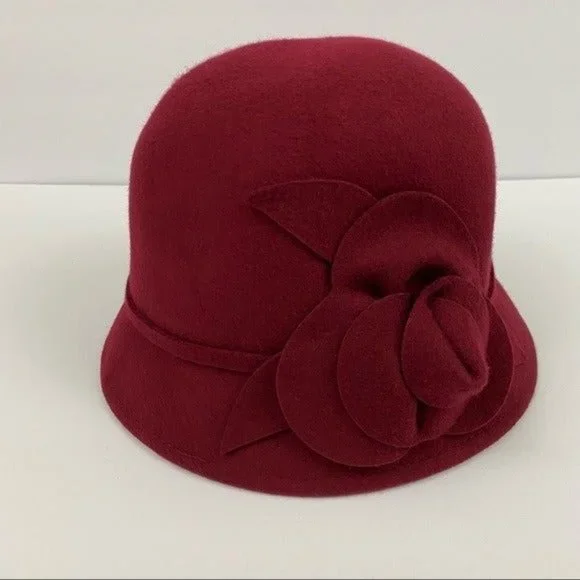 Nine West 100% Wool Maroon Bucket Hat Cloche Flower